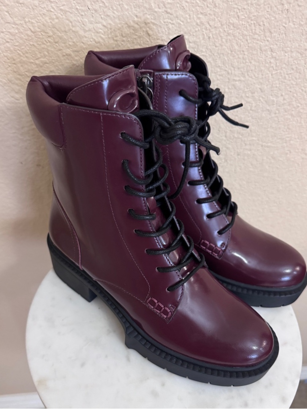 Women COACH Burgundy Polished Merlot Sleek Leather Leighton combat boots Sz 5B